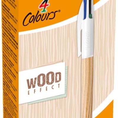 Schachtel mit 12 Kugelschreibern in 4 Farben mit natürlichem Holzeffekt