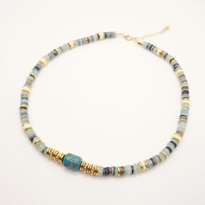 Hazel necklace: green heishi shell beads and its semi-precious marbled Apatite stone