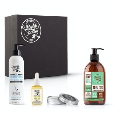 Box Side man 4 care - Shampoo, Sapone nero alla menta piperita, Olio di argan e Sapone da barba