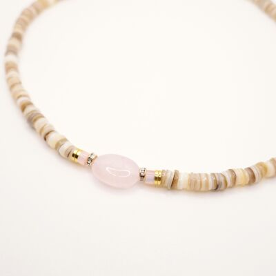 Lonnie necklace in cream heishi pearls and its pretty pink Quartz stone