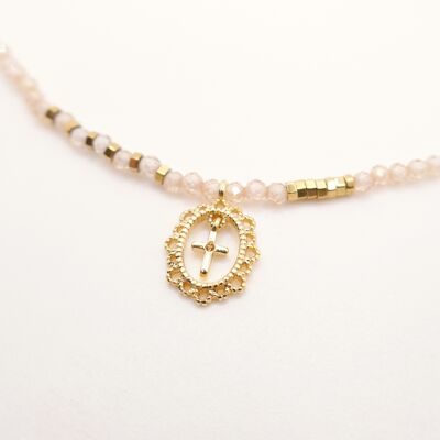Collana stile rosario della chiesa di Vahé con pendente a croce e perle di vetro
