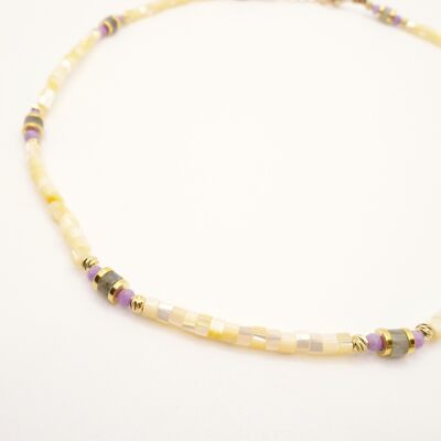 Wilma-Halskette: Heishi-Perlen und flache Hämatit-Goldscheiben