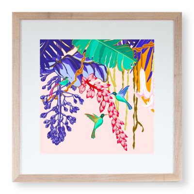 Stampa artistica "Uccelli colibrì ed Heliconia" 20 x 20 cm