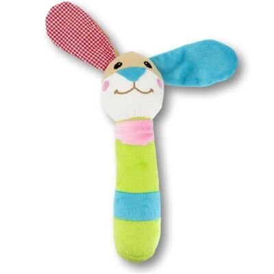 Minifeet clutching toy rabbit with rattle