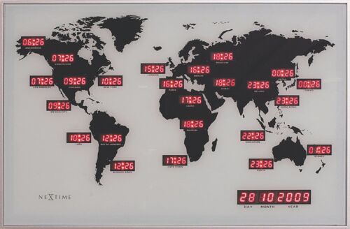 Wall clock - 55 x 36 x 4 cm - Glass - Aluminum - World time clock - 'World Time Digit'