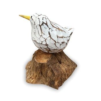 Oiseau Bool blanc unique en bois peint à la main sur racine 1