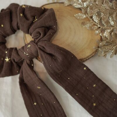 Celestial Ribbon Scrunchie Chocolate Gold Stars