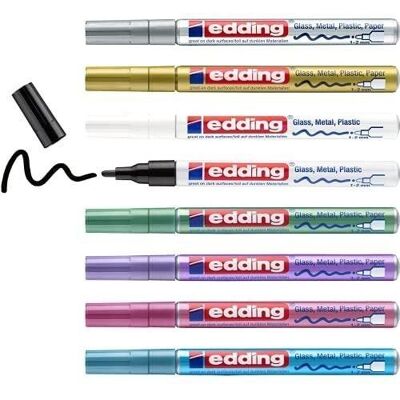 Edding 751 Marcador de pintura brillante - con tinta lacada - 8 colores: negro, blanco, dorado, plateado, azul, verde, violeta, rosa (metálico) - punta redonda de 1-2 mm - para vidrio, metal, plástico y papel estucado - Permanente - impermeable, muy cubriente