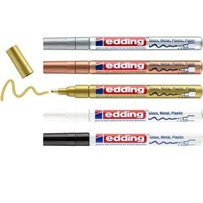 Edding 751 Glossy paint marker - with lacquered ink case of 5 metallic colors - 5 markers: black, white, gold, silver, copper - 1-2mm round tip - for glass, metal, plastic and coated paper - Permanent - waterproof, very covering