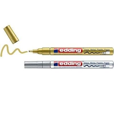 Edding 751 Glossy paint marker - with lacquered ink in a blister pack of 2 colors - 2 felt tip pens - Gold and Silver - 1-2mm round tip - for glass, metal, plastic and coated paper - Permanent - waterproof, very covering