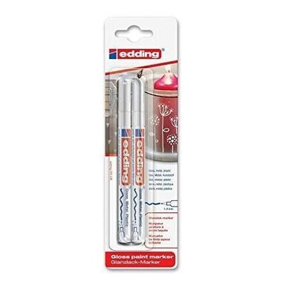 Edding 751 Glossy paint marker - with lacquered ink - 2 felt tip pens - White - round tip 1-2mm - for glass, metal, plastic and coated paper - Permanent - waterproof, very covering