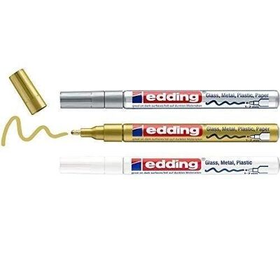 Edding 751 Glossy paint marker - with lacquered ink - case of 3 assorted metallics - 3 markers - 1-2mm round tip - for glass, metal, plastic and coated paper - Permanent - waterproof, very covering