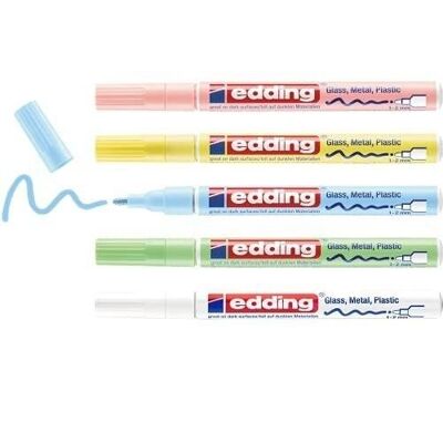 Edding 751 Glossy Lackmarker – mit lackierter Tinte Etui mit 5 Farben – 5 Marker: weiß, gelb, grün, pink, blau (Pastell) – 1-2 mm Rundspitze – für Glas, Metall, Kunststoff und beschichtetes Papier – permanent – wasserfest, sehr deckend