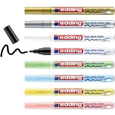 Edding 751 Glossy paint marker - with lacquered ink - case of 8 - 8 metallic multi-coloured felt-tip pens, pastel - round tip 1-2mm - for glass, metal, plastic and coated paper - Permanent - waterproof, very covering