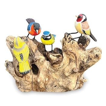 4 oiseaux sculptés à la main, peints à la main sur du bois flotté 1