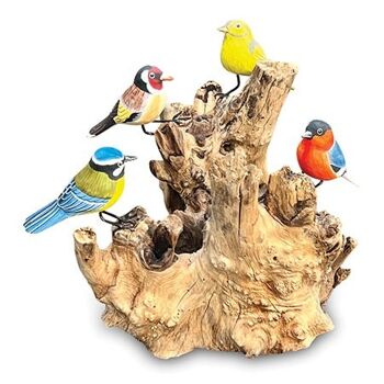 4 oiseaux sculptés à la main, peints à la main sur du bois flotté 2