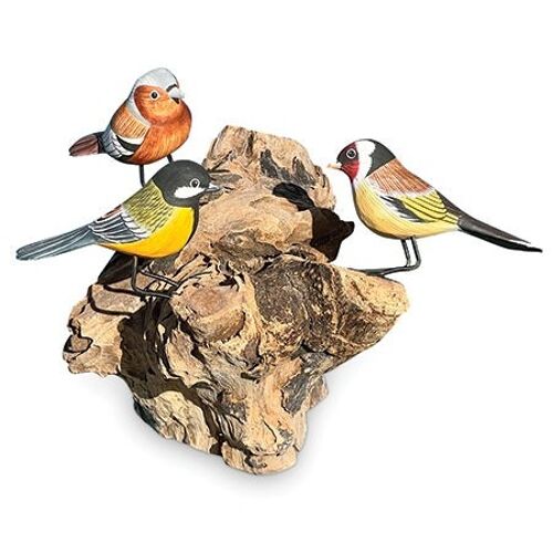 3 Hand Carved, Hand Painted Birds on Driftwood