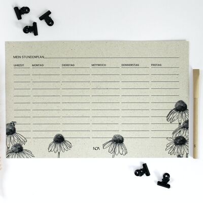 Timetable made of grass paper, coneflower