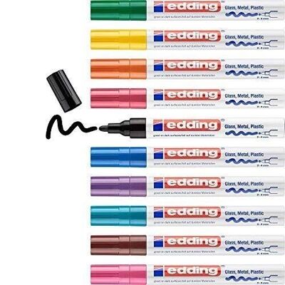 Edding 750 Rotulador de pintura brillante - tinta lacada - 10 rotuladores de pintura brillante multicolor - punta redonda de 2-4 mm - para vidrio, metal, plástico y papel estucado - Permanente - resistente al agua, muy cubriente