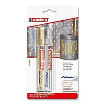 Edding 750 Marcador de pintura brillante con tinta lacada - blister de 2 colores - Rotuladores de punta de fieltro dorado y plateado - punta redonda 2-4mm - para vidrio, metal, plástico y papel estucado - Permanente - impermeable, muy cubriente