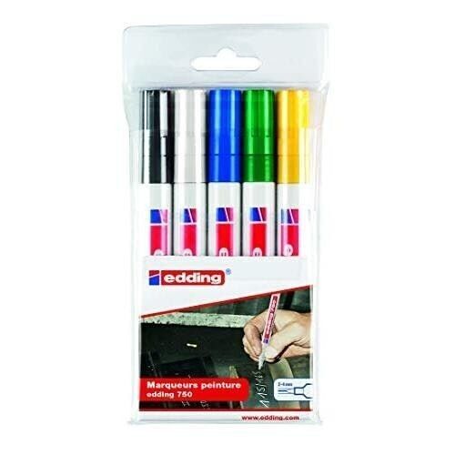 Edding 750 Marqueur peinture étui de 5 coloris assortis - 5 stylos multi-couleur - pointe ronde 2-4 mm - pour l'étiquetage du métal, verre, roche ou du plastique - résistant à la chaleur, permanent et étanche