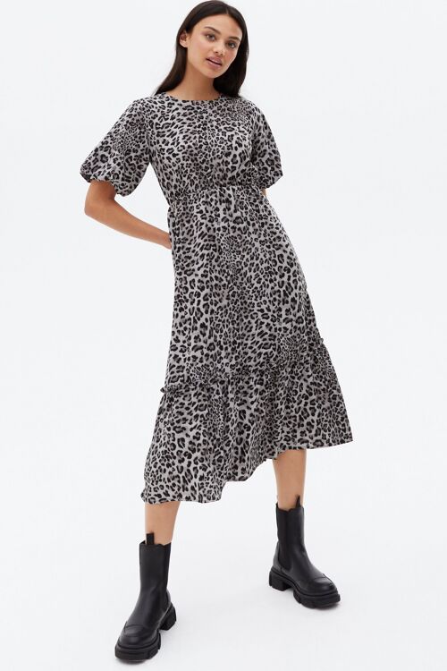 Grey Leopard Print Frill Tiered Midi Dress