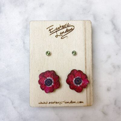 Agosto: set di orecchini a bottone con fiore di nascita di papavero e peridoto e pietra portafortuna