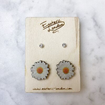 Aprile: set di orecchini a bottone con fiore di nascita margherita e cristallo e pietra portafortuna