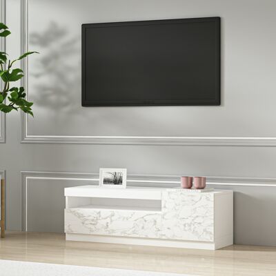 Meuble bas TV blanc avec éclairage LED droite 1/2 (aspect en partie marbre) 9499