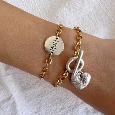 Gold Chain Bracelet with Silver Mom Charm, Heart Bracelet, Stainless Steel Chains, Mother's Day Gift, Made in Greece.