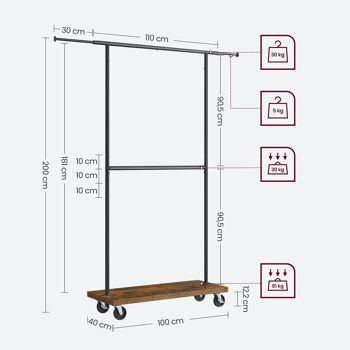 Portant à vêtements avec roulettes 40 x (110-170) x 200 cm (P x L x H) 8