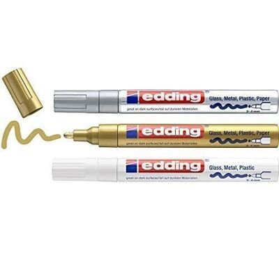 Edding 750 Pennarello lucido - con inchiostro laccato - 3 pennarelli lucidi - bianco, oro, argento (metallizzato) - punta tonda 2-4mm - per vetro, metallo, plastica e carta patinata - Permanente - impermeabile, molto coprente