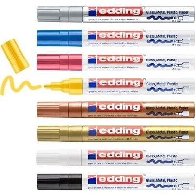 Edding 750 Glossy paint marker - with lacquered ink - 8 colours: black, yellow, pink, light blue, white, gold, silver, copper - 2-4mm round tip - for glass, metal, plastic and coated paper - Permanent - waterproof, very covering