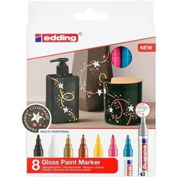 Edding 750 Marqueur peinture brillante - à encre laquée - 8 coloris : noir, jaune, rose, bleu clair, blanc, or, argent, cuivre - pointe ronde 2-4mm - pour le verre, le métal, le plastique et le papier couché - Permanent - imperméable, très couvrante 3