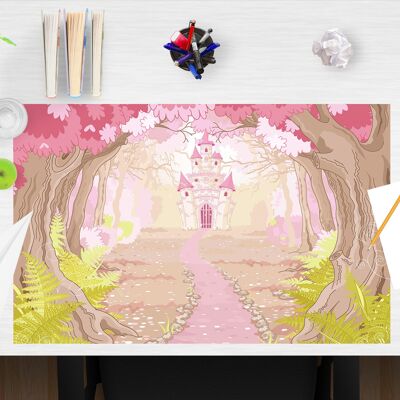 Desk pad made of premium vinyl for children - fairytale castle in the pink enchanted forest - 60 x 40 cm (BPA-free)