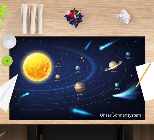 Schreibunterlage aus premium Vinyl für Kinder und Erwachsene – Unser Sonnensystem – 65 x 40 cm (BPA-frei)