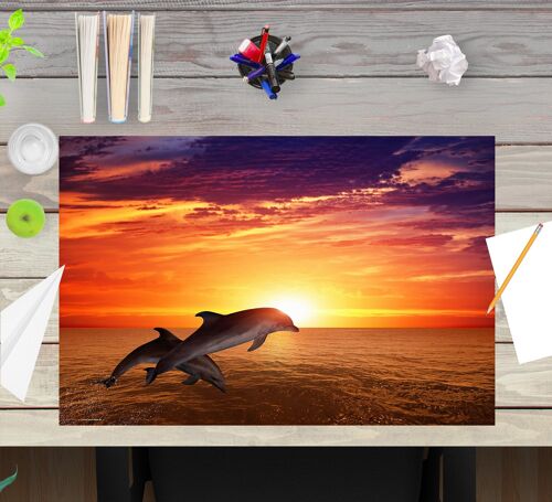 Schreibunterlage aus premium Vinyl für Kinder und Erwachsene – Delfine im Sonnenuntergang – 60 x 40 cm (BPA-frei)