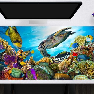 Desk pad made of premium vinyl XXL with integrated mousepad - underwater world - 100 x 50 cm (BPA-free)