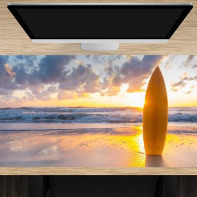 Desk pad made of premium vinyl XXL with integrated mousepad - surfboard on the beach - 100 x 50 cm (BPA-free)