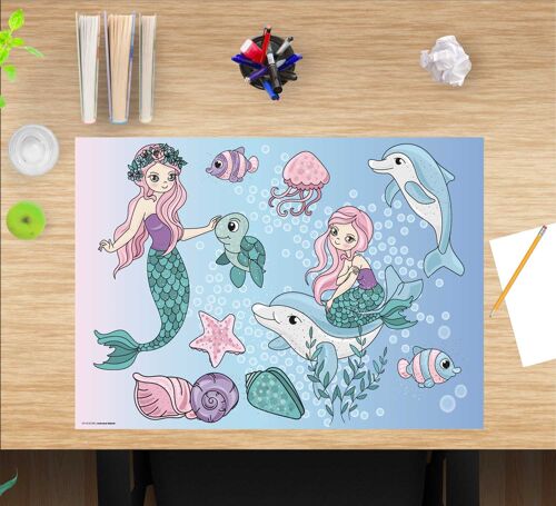 Schreibunterlage aus premium Vinyl für Mädchen– Meerjungfrauen unter Wasser – 60 x 40 cm (BPA-frei)