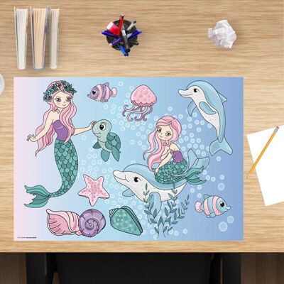 Sottomano da scrivania in vinile premium per ragazze - Mermaids Underwater - 60 x 40 cm (senza BPA)