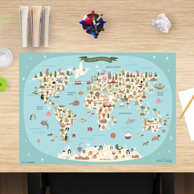 Sous-main en vinyle premium pour enfants - Carte du monde - 60 x 40 cm (sans BPA)