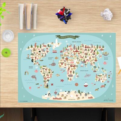 Almohadilla de escritorio de vinilo premium para niños - Mapa mundial - 60 x 40 cm (sin BPA)