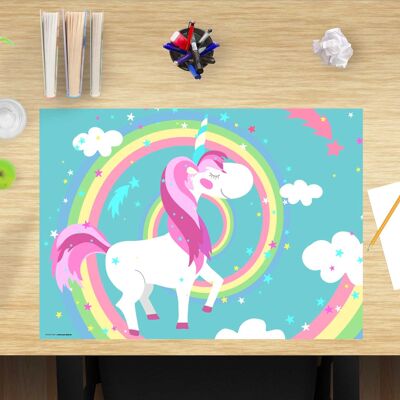 Sottomano da scrivania in vinile premium per bambini - Unicorno con arcobaleno - 60 x 40 cm (senza BPA)