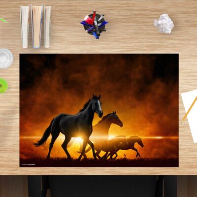 Premium Vinyl Desk Pad for Kids & Adults - Black Horses at Sunrise - 60 x 40 cm (BPA Free)