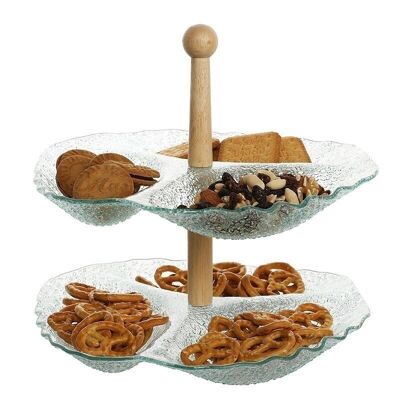 BAMBOO GLASS TRAY 26X26X35 2 TIERS RELIEF PC203464