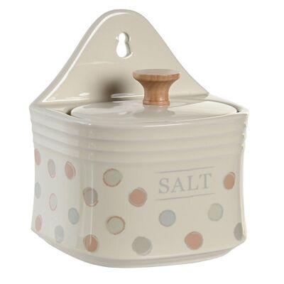 STONEWARE SALT POT 12X9X14 BEIGE DOTS PC204948