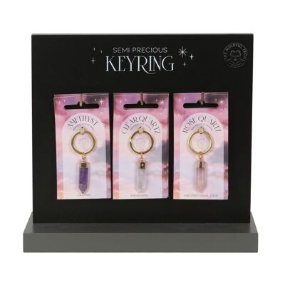 Set mit 18 ausgestellten Schlüsselanhängern aus Halbedelkristallen