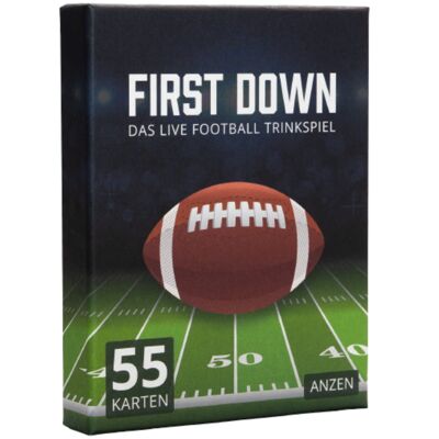 FIRST DOWN - El juego de beber fútbol americano en vivo | 55 cartas con un nuevo personaje vivo | Jugable para todos los juegos de fútbol americano como la NFL o ELF | Regalo perfecto para los aficionados al fútbol.