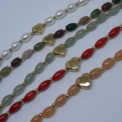 Bracelet oval gemstone with heart stainless steel gold plated